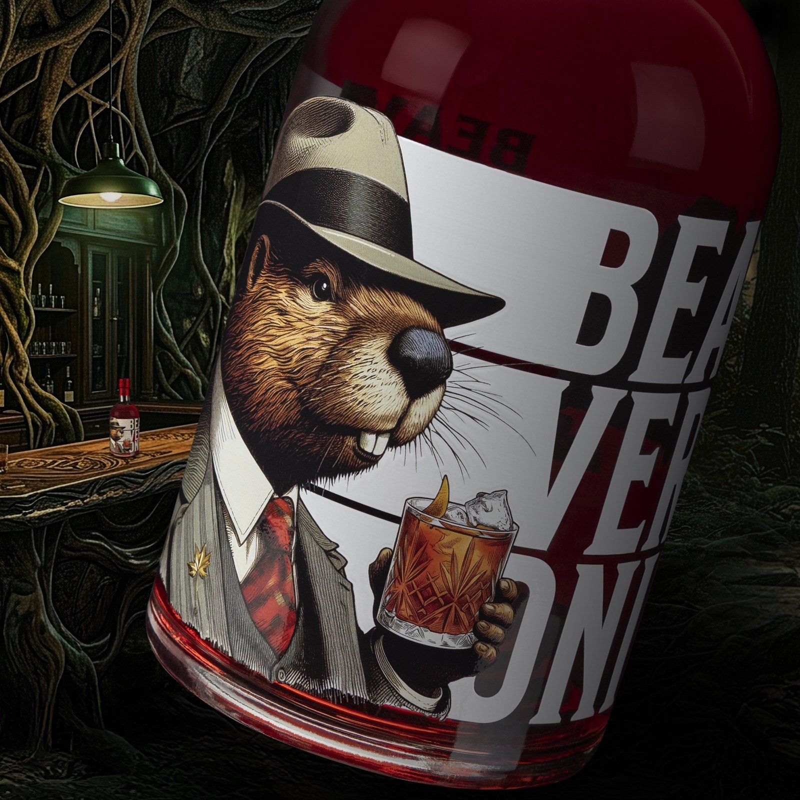 Flasche mit Biberillustration in einer atmosphärischen Bildkomposition